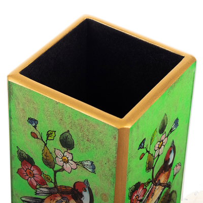 Reverse-painted wood pen holder, 'Spring Prairies' - Bird-Themed Reverse-Painted Wood Pen Holder in Green
