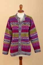 Alpaca blend cardigan, 'Empire Memories in Ruby' - Handwoven Fuchsia Alpaca Blend Cardigan with Inca Motifs