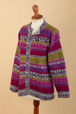 Alpaca blend cardigan, 'Empire Memories in Ruby' - Handwoven Fuchsia Alpaca Blend Cardigan with Inca Motifs