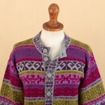 Alpaca blend cardigan, 'Empire Memories in Ruby' - Handwoven Fuchsia Alpaca Blend Cardigan with Inca Motifs