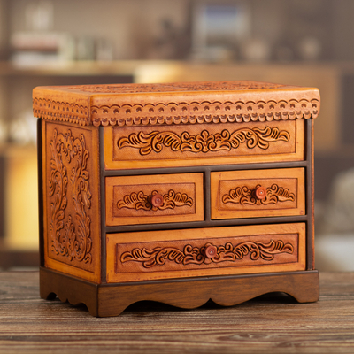 Wood and leather jewelry box, 'Baroque Mysteries' - Handcrafted Classic Brown Wood and Leather Jewelry Box