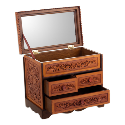 Wood and leather jewelry box, 'Baroque Mysteries' - Handcrafted Classic Brown Wood and Leather Jewelry Box
