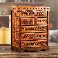 Wood and leather jewelry box, 'Baroque Secrets' - Handcrafted Traditional Brown Wood and Leather Jewelry Box