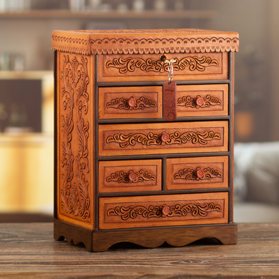 Wood and leather jewellery box, 'Baroque Secrets' - Handcrafted Traditional Brown Wood and Leather jewellery Box