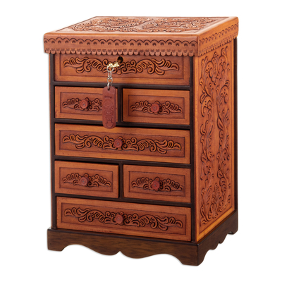 Wood and leather jewelry box, 'Baroque Secrets' - Handcrafted Traditional Brown Wood and Leather Jewelry Box