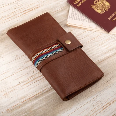 Leather wallet, 'Cusco Fortune' - Handcrafted Brown Leather Wallet with Cuzco Textiles