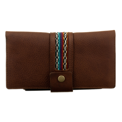 Leather wallet, 'Cusco Fortune' - Handcrafted Brown Leather Wallet with Cuzco Textiles