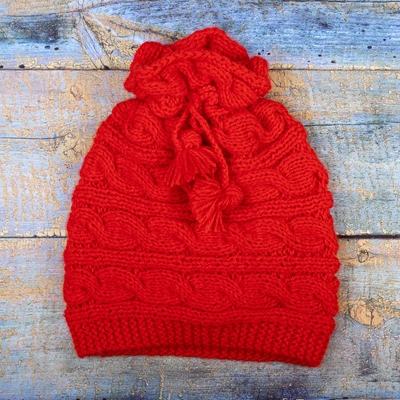Alpaca blend knit hat, 'Crimson Seasons' - Cable Stitch Knit Hat Made from Crimson Alpaca Blend Yarns