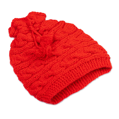 Alpaca blend knit hat, 'Crimson Seasons' - Cable Stitch Knit Hat Made from Crimson Alpaca Blend Yarns