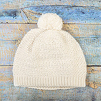 100% alpaca knit hat, 'Luminous Winter' - Milk White 100% Alpaca Knit Hat with Pompom Made in Peru