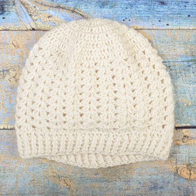 100% alpaca knit hat, 'Winter Caresses' - Milk White 100% Alpaca Knit Hat Handcrafted in Peru