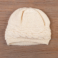 100% alpaca knit hat, 'Snow Moments' - Snow White 100% Alpaca Knit Hat with Cable Stitch Stripe