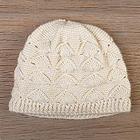 100% alpaca knit hat, 'Snow Scallops' - Cable Knit Snow White 100% Alpaca Hat Handmade in Peru