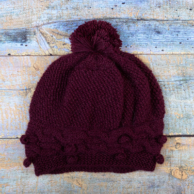 100% alpaca knit hat, 'Roads in Grape' - Handcrafted Cable Knit Grape 100% Alpaca Hat with a Pompon