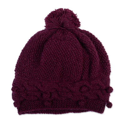 100% alpaca knit hat, 'Roads in Grape' - Handcrafted Cable Knit Grape 100% Alpaca Hat with a Pompon