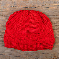 Alpaca blend knit hat, 'Poppy Moments' - Poppy Alpaca Blend Knit Hat with Cable Stitch Stripe