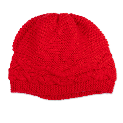 Alpaca blend knit hat, 'Poppy Moments' - Poppy Alpaca Blend Knit Hat with Cable Stitch Stripe