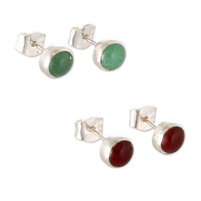 Gemstone button earrings, 'Prosperity Specks' (pair) - Polished Button Earrings with Aventurine and Jasper (Pair)