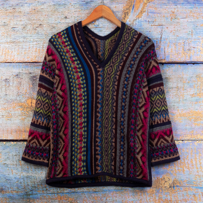 Alpaca Blend Sweater with V-Neck and Kimono-Style Sleeves, 'Andean Threads'