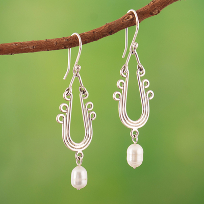 Cultured pearl dangle earrings, 'Fabulous Look' - Sterling Silver Dangle Earrings with Swaying Cultured Pearls