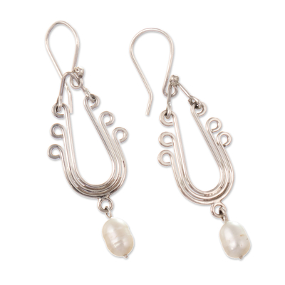 Cultured pearl dangle earrings, 'Fabulous Look' - Sterling Silver Dangle Earrings with Swaying Cultured Pearls