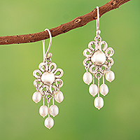 Cultured pearl chandelier earrings, 'Lustrous Flowers'