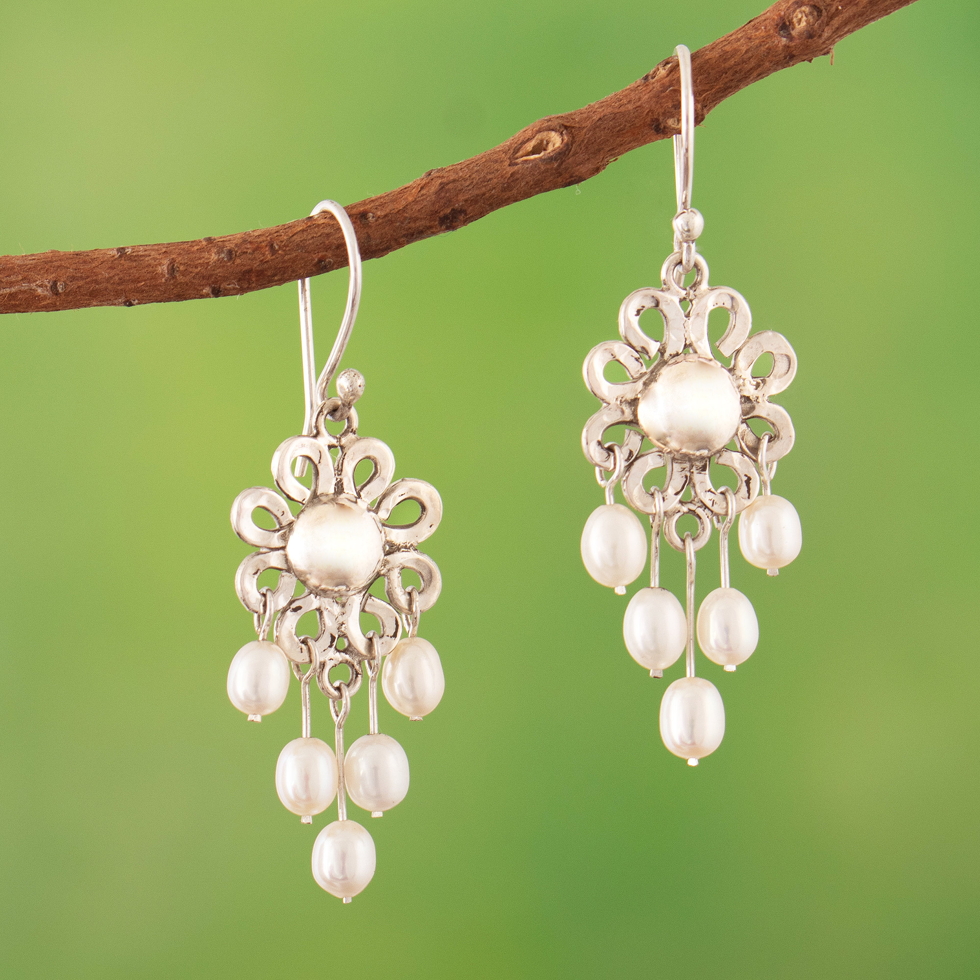 925 Silver Floral Chandelier Earrings with Cultured Pearls - Lustrous  Flowers | NOVICA
