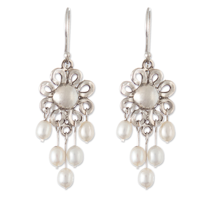 Aretes candelabro de perlas cultivadas - Aretes Chandelier de Plata 925 Floral con Perlas Cultivadas
