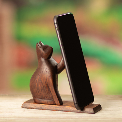 Telefonhalter aus Holz - Handyhalter aus Zedernholz mit Katzenmotiv in dunkelbraunem Farbton