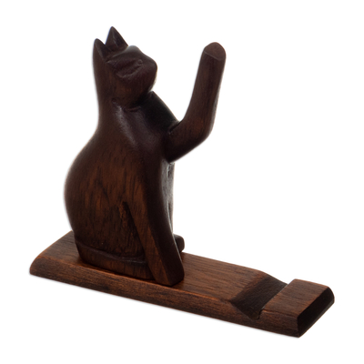 Wood phone holder, 'Supporting Paw' - Feline-Themed Cedar Wood Phone Holder in Dark Brown Hue