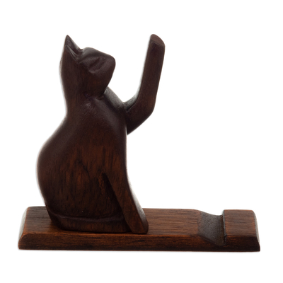 Soporte para teléfono de madera - Soporte para teléfono de madera de cedro con temática felina en tono marrón oscuro