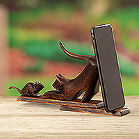Wood phone holder, 'Helping Buddies' - Cat and Mouse Cedar Wood Phone Holder in Dark Brown Hue