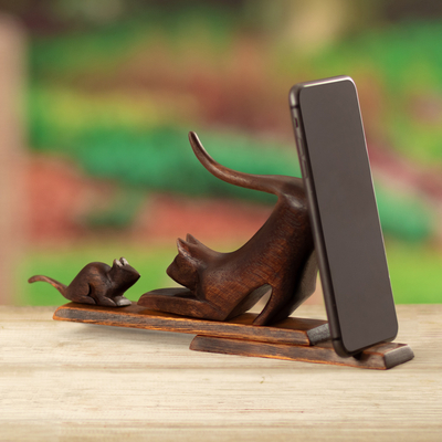 Telefonhalter aus Holz - Katzen- und Maus-Handyhalter aus Zedernholz in dunkelbraunem Farbton