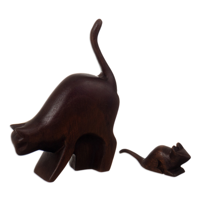 Wood sculptures, 'Games and Fun' (set of 2) - Cat and Mouse Cedar Wood Sculptures from Peru (Set of 2)