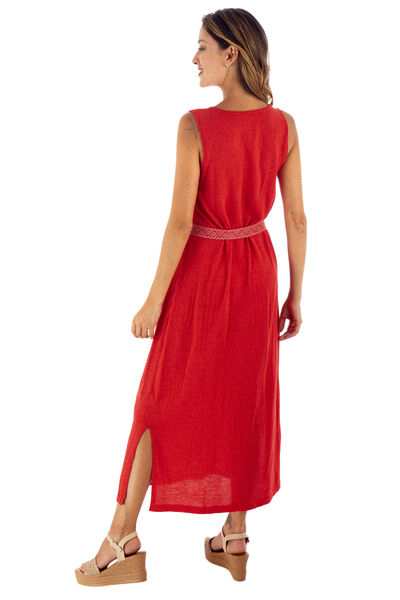 Soft midi dress, 'Andean Passion' - Red Acrylic and Cotton Midi Dress with Jacquard Belt