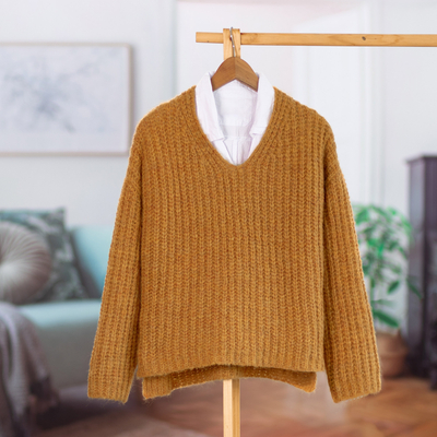 Jersey en mezcla de alpaca - Suéter tejido suave de mezcla de alpaca en tono miel sólido