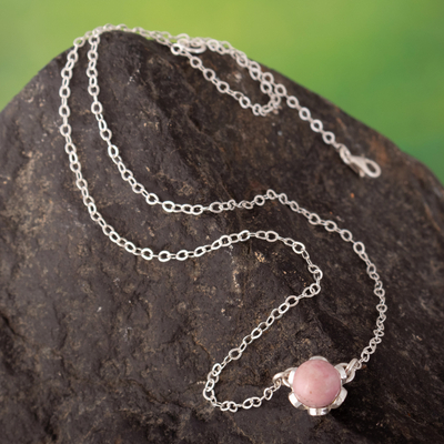 Rhodonite pendant necklace, 'Compassion Blossom' - Floral Sterling Silver Pendant Necklace with Pink Rhodonite
