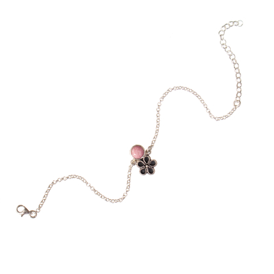 Rhodonit-Anhängerarmband - Florales Anhängerarmband aus Sterlingsilber mit rosa Rhodonit