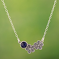 Sodalite pendant necklace, 'Lake Blooming' - Floral Pendant Necklace with Natural Sodalite Cabochon