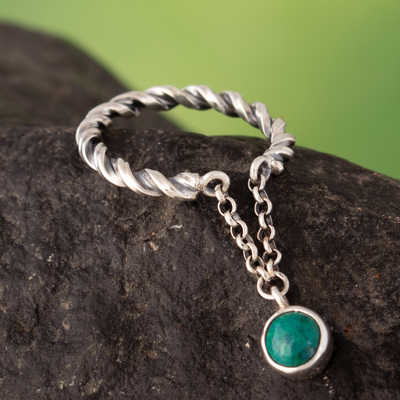 Chrysocolla charm ring, 'Moving Nature' - Polished Sterling Silver Charm Ring with Natural Chrysocolla
