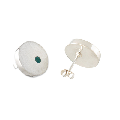 Chrysocolla button earrings, 'Intuition Points' - Sterling Silver Button Earrings with Round Chrysocolla Gems