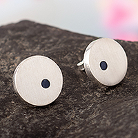 Sodalite button earrings, 'Creativity Points' - Sterling Silver Button Earrings with Round Sodalite Gems