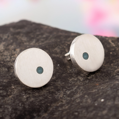 Amazonite button earrings, 'Success Points' - Sterling Silver Button Earrings with Round Amazonite Gems