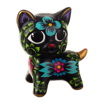 Escultura de cerámica - Escultura tradicional andina de cerámica de un felino negro