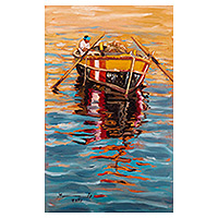 'Pescador' - Pintura al óleo impresionista firmada y sin estirar de un pescador