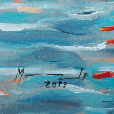 'Fisherman' - Pintura al óleo impresionista sin estirar firmada de un pescador