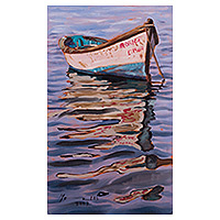 „Boot“ – ungedehntes impressionistisches Ölgemälde eines Bootes in kühlen Farbtönen