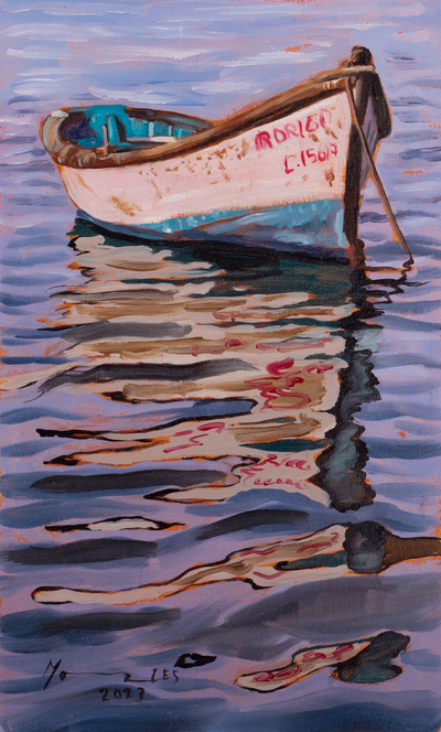 'Boat' - Pintura al óleo impresionista sin estirar de un barco en tonos fríos