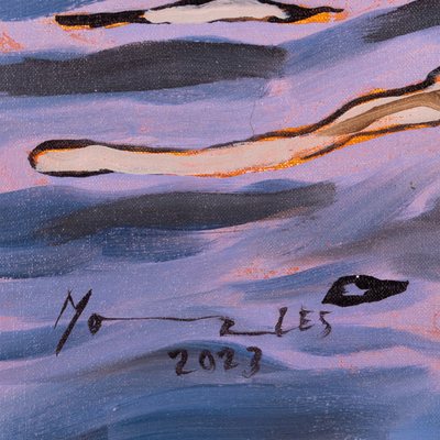 'Boat' - Pintura al óleo impresionista sin estirar de un barco en tonos fríos