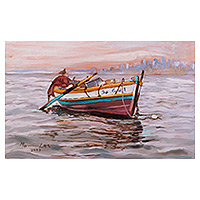 'Barco al atardecer I' - Pintura al óleo impresionista sin estirar de un barco colorido